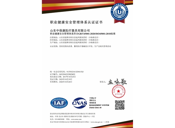 职业康健清静治理系统认证证书
